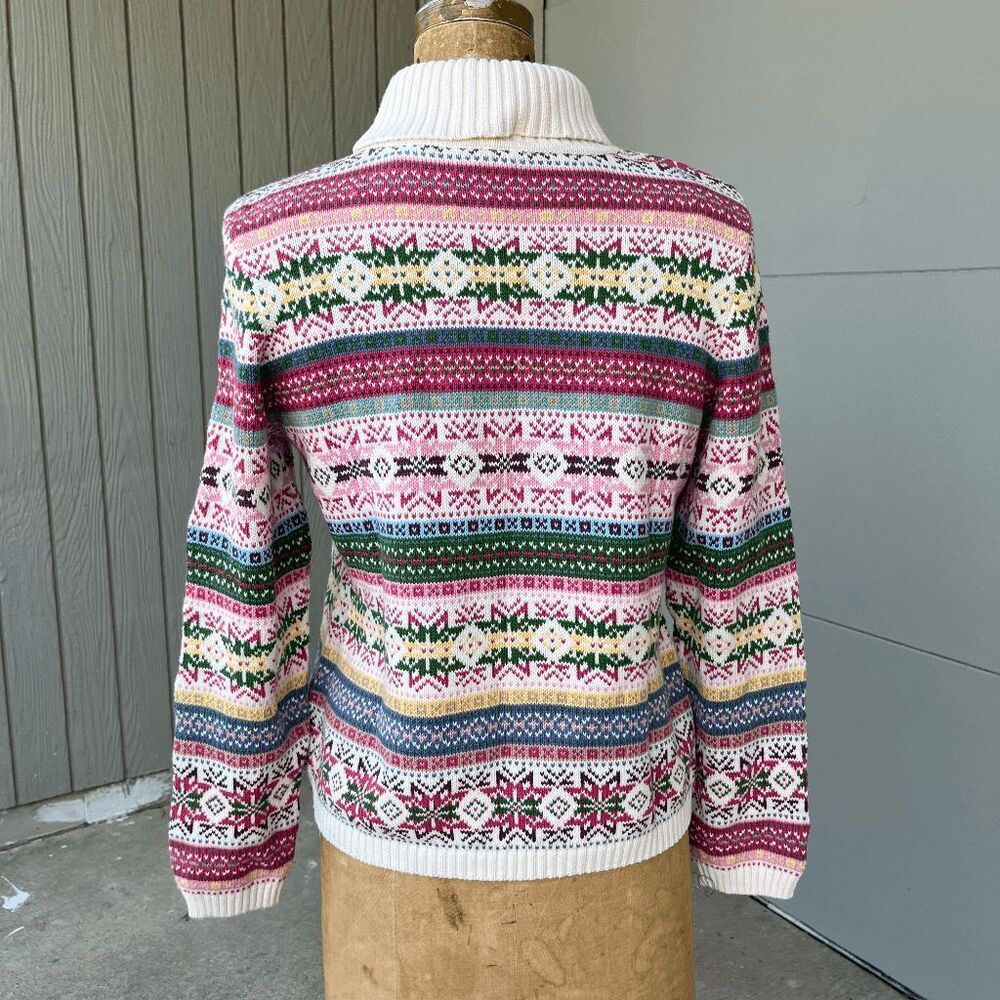 Vintage 1983 Liz Claiborne Villager Fair Isle Cotton Knit Turtleneck Sweater - L - Picture 2 of 5
